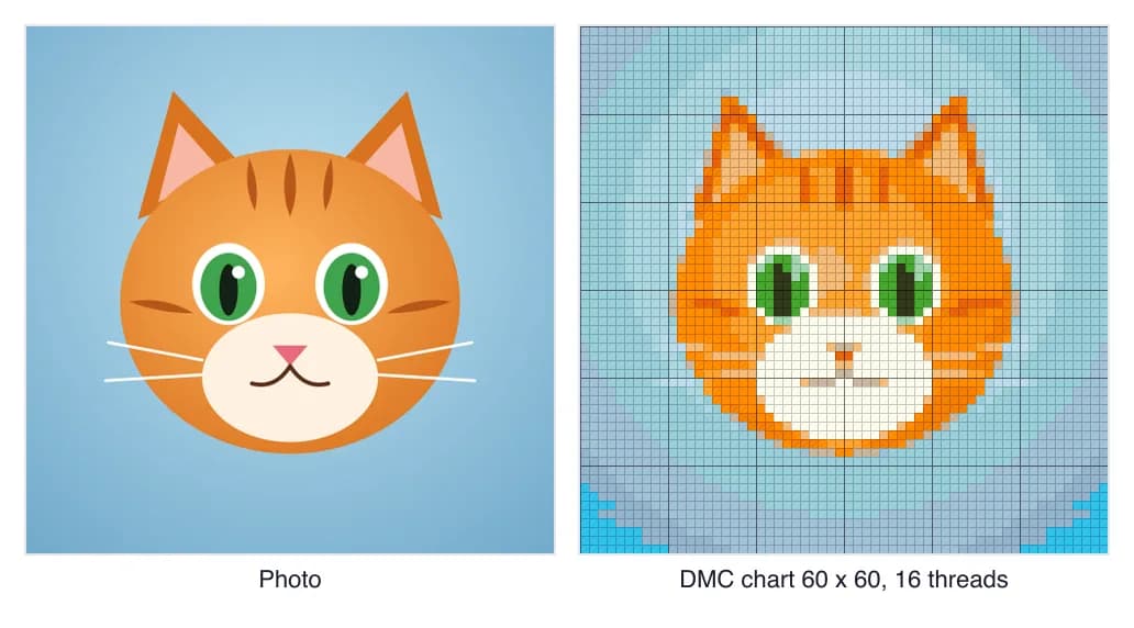 Cross stitch pattern from photo: a cat picture converted to a 60 by 60 DMC cross stitch chart with 16 thread colours