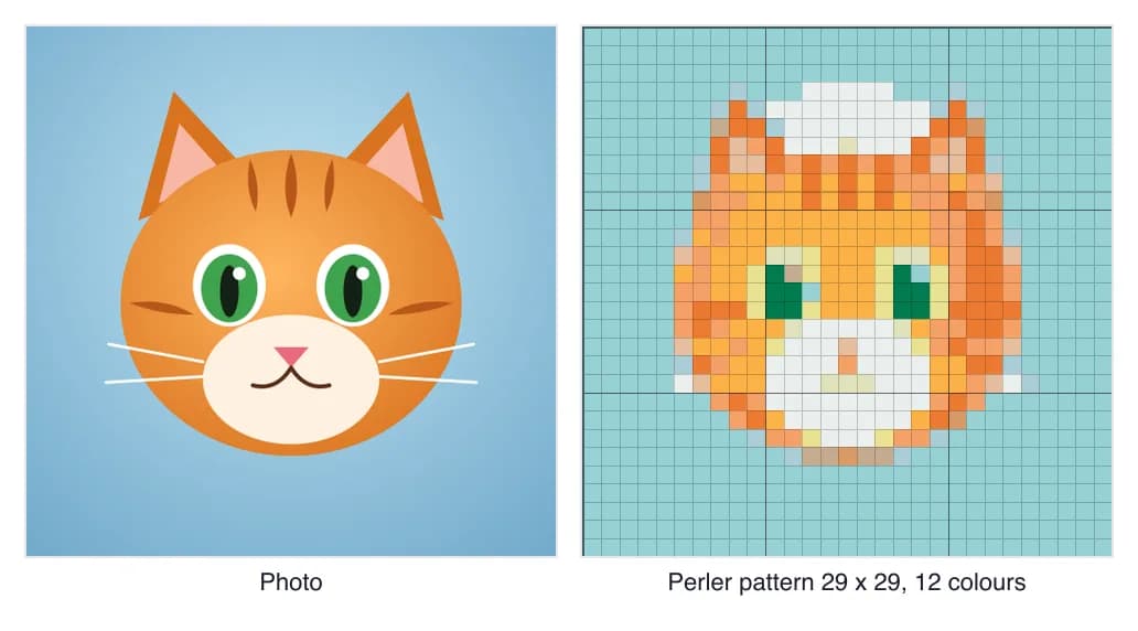 Perler bead pattern from a photo: a cat picture turned into a 29 by 29 bead pattern with 12 Perler colours on a grid