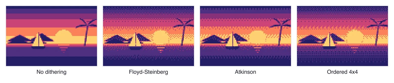 Pixel art dithering comparison with only six colours: no dithering, Floyd-Steinberg, Atkinson and ordered 4x4