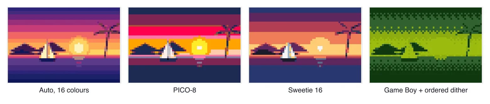 Image to pixel art with different palettes: automatic 16 colours, PICO-8, Sweetie 16 and Game Boy with ordered dithering